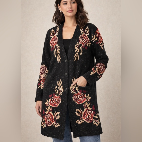 Boutique Sweaters - 0219. Floral Knit Cardigan with Rose Design